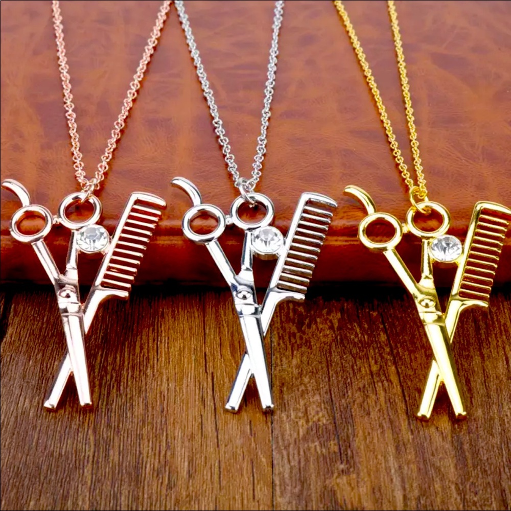 New Hairdresser Rhinestone Scissors Comb Necklace